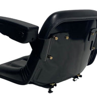 Back view of SN5A pan-style machinery seat showing robust adjustable armrests, heavy duty steel frame and single locking slide rails.