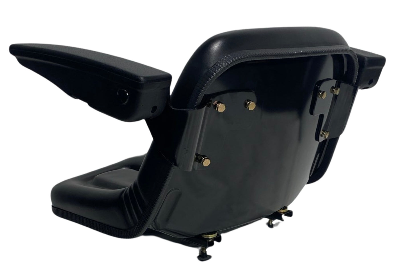 Back view of SN5A pan-style machinery seat showing robust adjustable armrests, heavy duty steel frame and single locking slide rails.