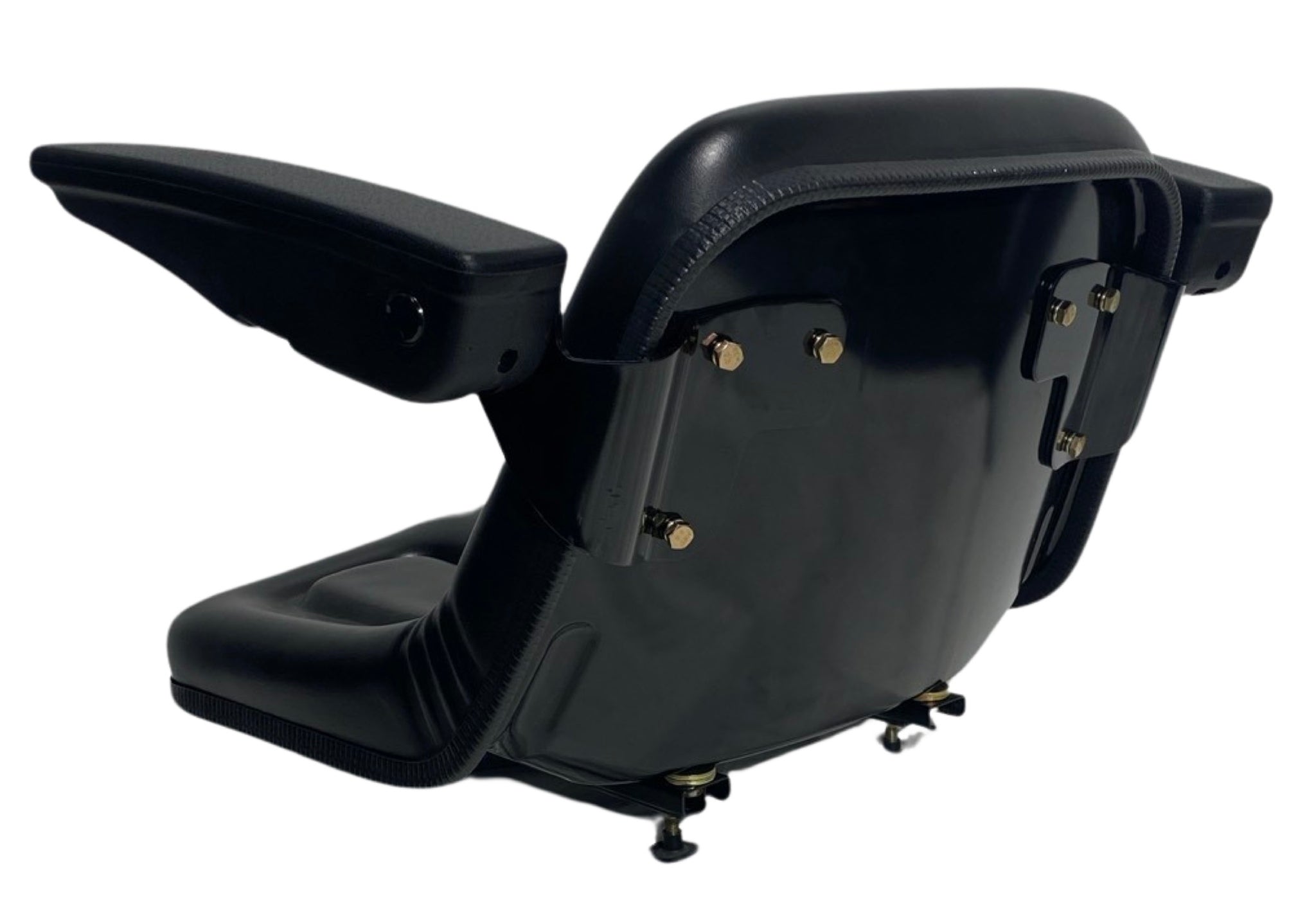 Back view of SN5A pan-style machinery seat showing robust adjustable armrests, heavy duty steel frame and single locking slide rails.