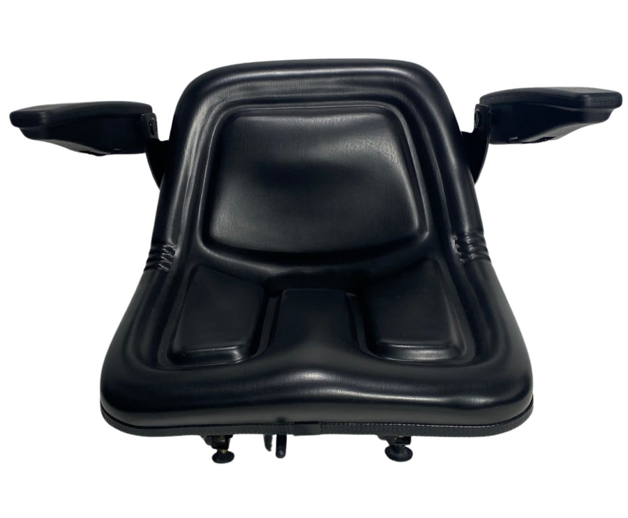 Front view of SN5A small machinery armrest seat featuring contoured cushion, durable steel frame, and adjustable swing-up armrests.