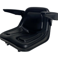Front view of SN5A small machinery armrest seat featuring adjustable swing-up armrests, seat drain hole and contoured cushioning.