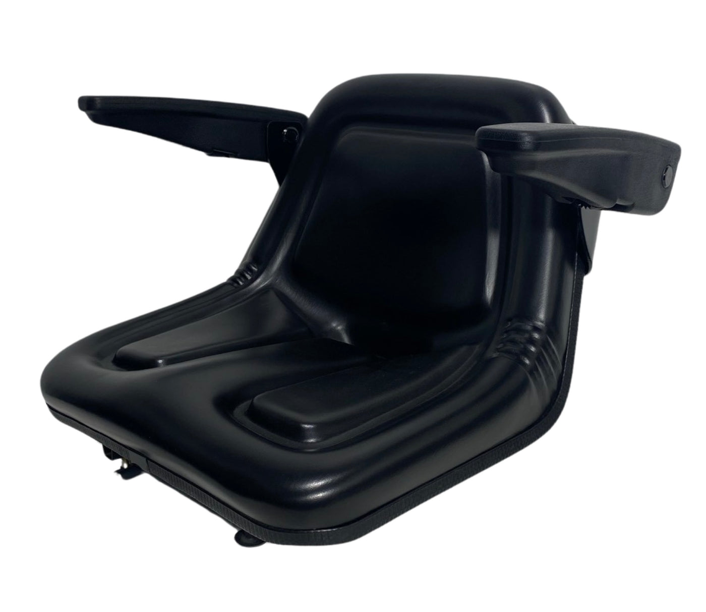 Front view of SN5A small machinery armrest seat featuring adjustable swing-up armrests, seat drain hole and contoured cushioning.