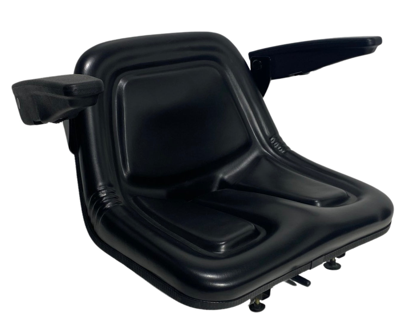 Right view of SN5A small machinery armrest seat showing robust steel frame, water drain hole, and operator present switch compatibility.