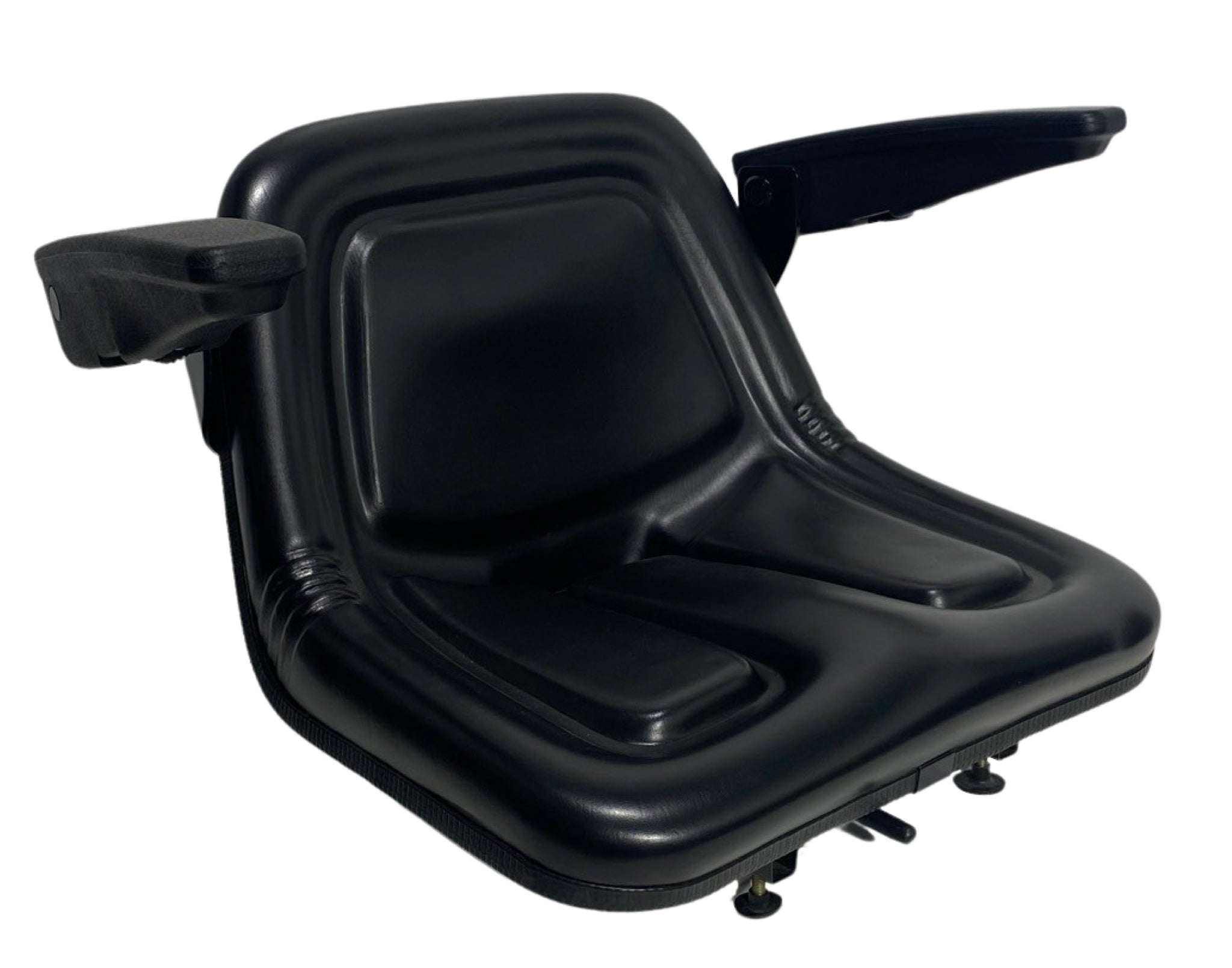 Right view of SN5A small machinery armrest seat showing robust steel frame, water drain hole, and operator present switch compatibility.
