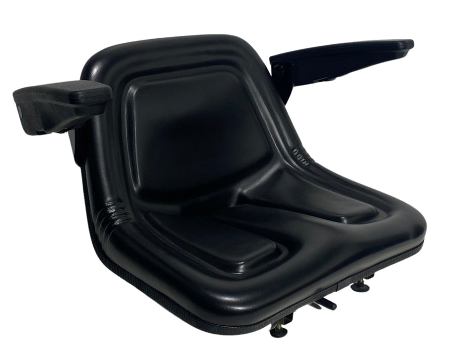 Right view of SN5A small machinery armrest seat showing robust steel frame, water drain hole, and operator present switch compatibility.