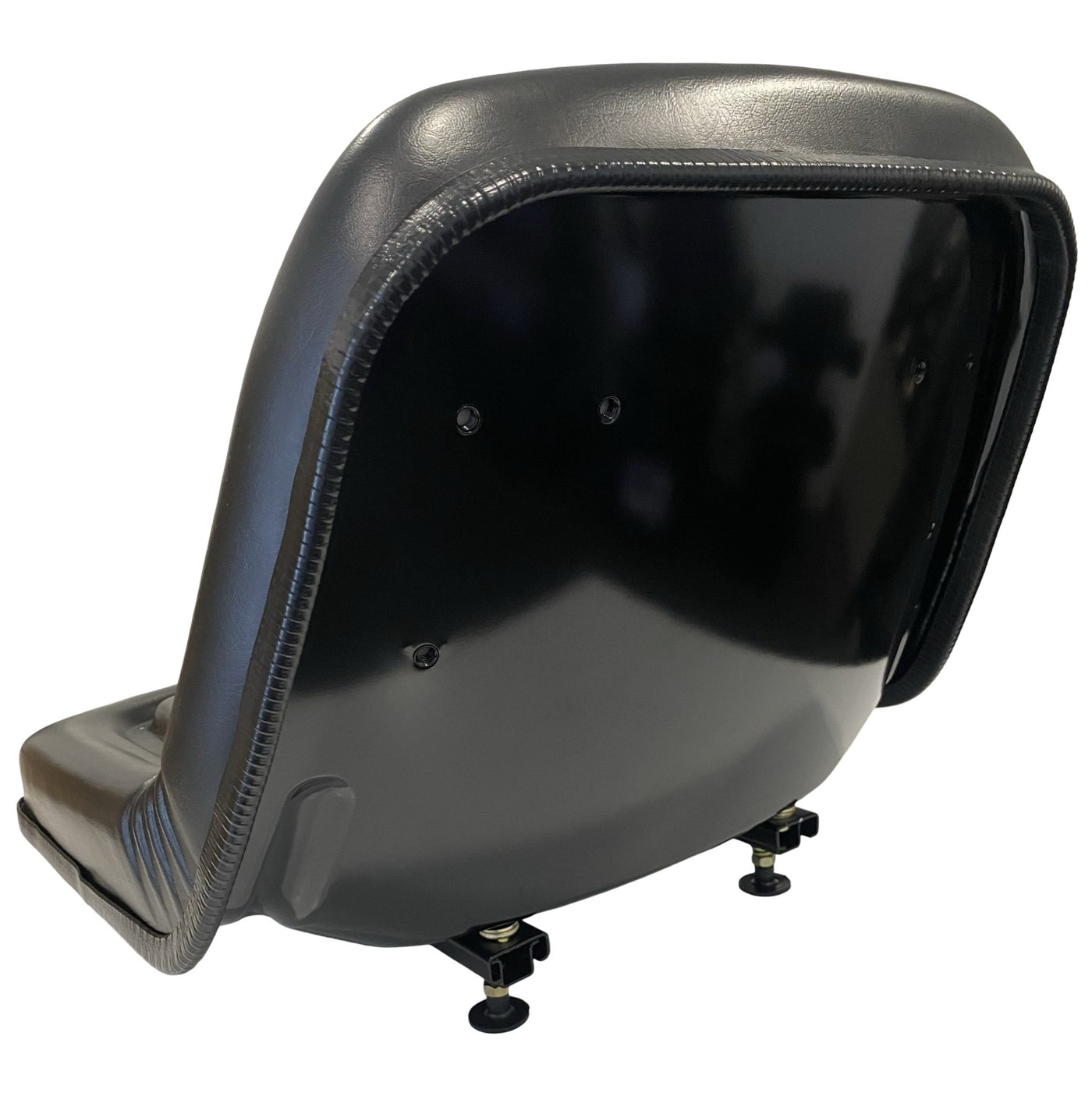 Rear view of heavy-duty fixed-back pan seat with waterproof vinyl upholstery and operator presence switch compatibility