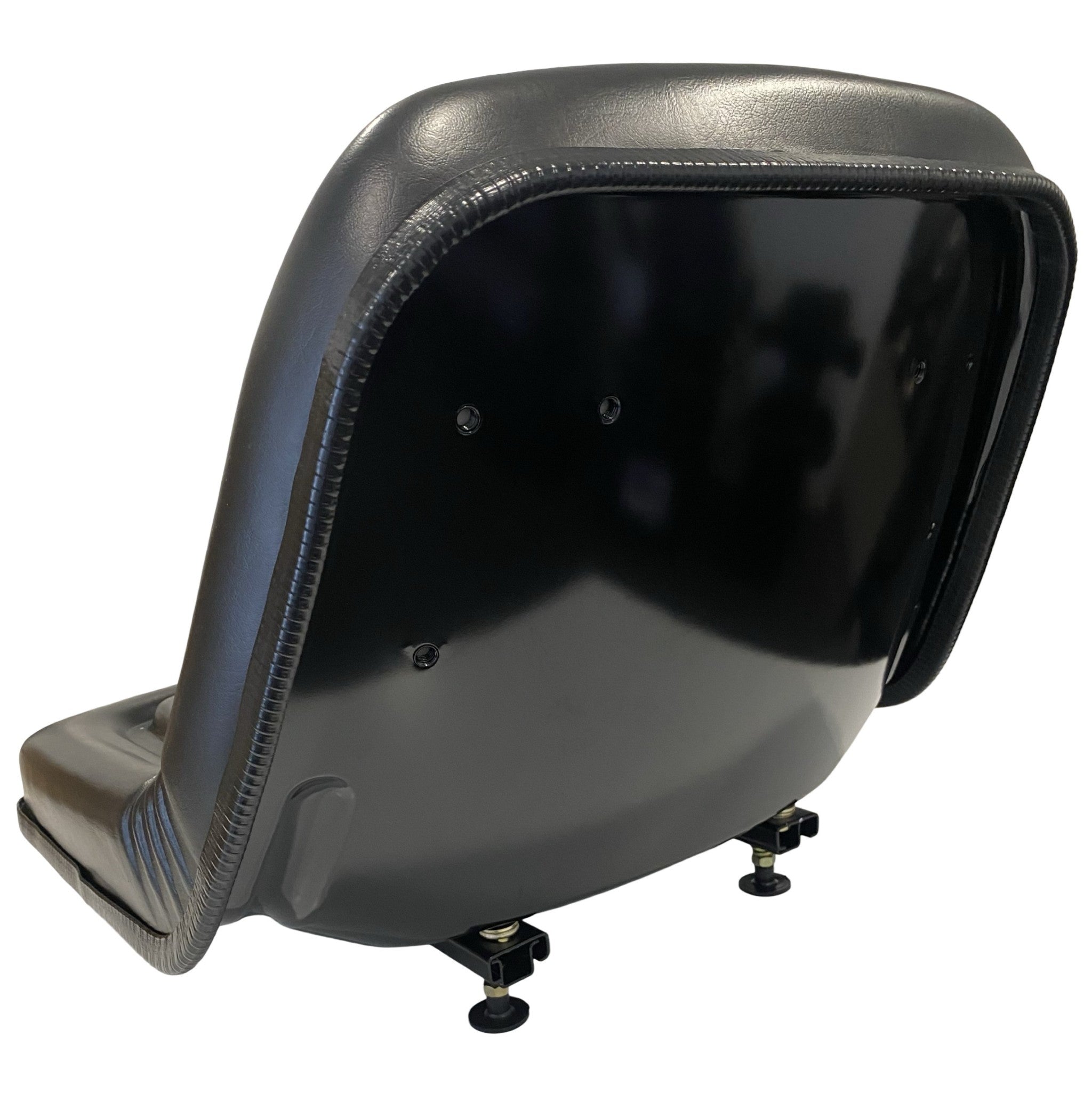Rear view of heavy-duty fixed-back pan seat with waterproof vinyl upholstery and operator presence switch compatibility
