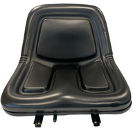 Front view of heavy-duty pan seat with slide rails in waterproof black PVC – designed for tractors, forklifts, and construction machinery