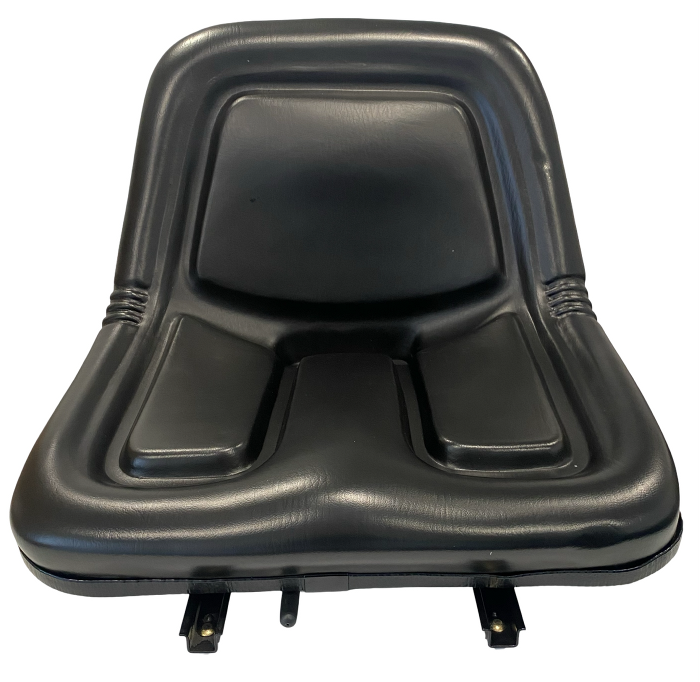 Front view of heavy-duty pan seat with slide rails in waterproof black PVC – designed for tractors, forklifts, and construction machinery
