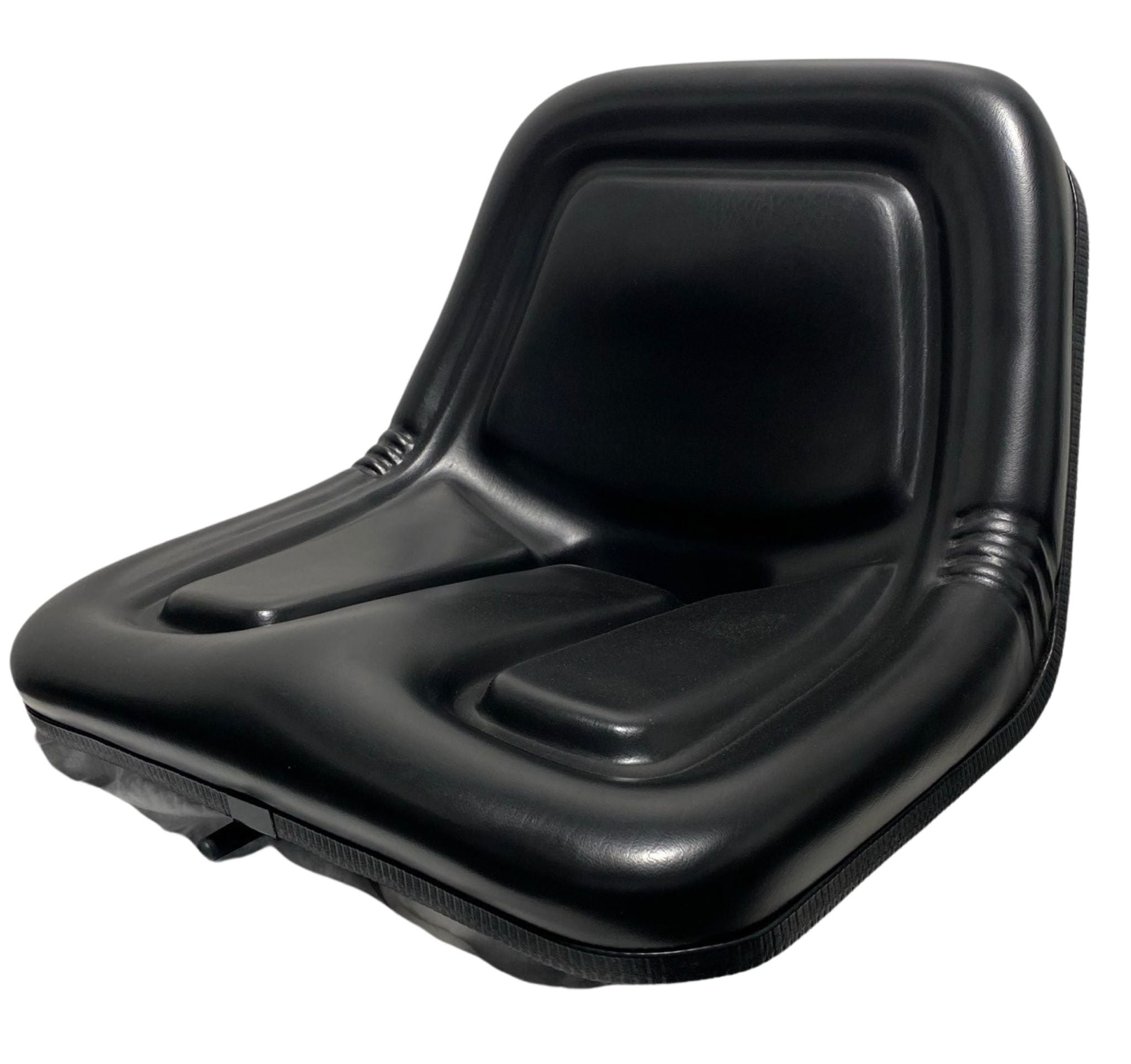 Left side profile of durable steel-frame pan seat with fixed backrest and single locking slide rails – suitable for compact tractors and mowers