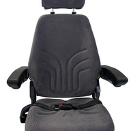 Front view of SW8UA grey check fabric machinery seat with armrests, adjustable headrest and backrest. Ideal OEM replacement for Grammer seats.