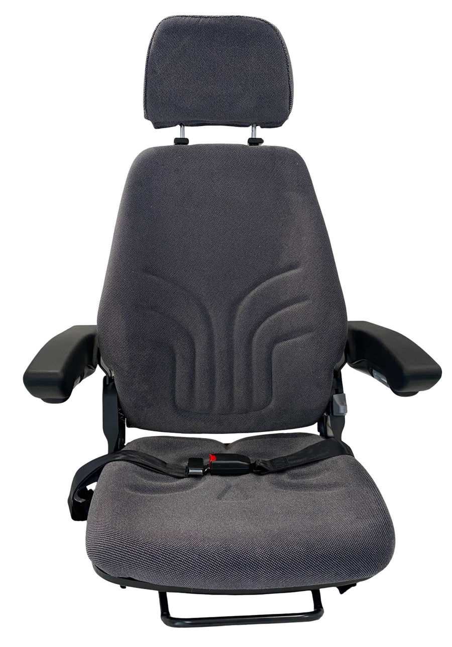 Front view of SW8UA grey check fabric machinery seat with armrests, adjustable headrest and backrest. Ideal OEM replacement for Grammer seats.