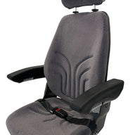 Left side view of SW8UA grey check fabric machinery seat showing armrest, backrest adjustment and slide rail system. Grammer replacement seat.