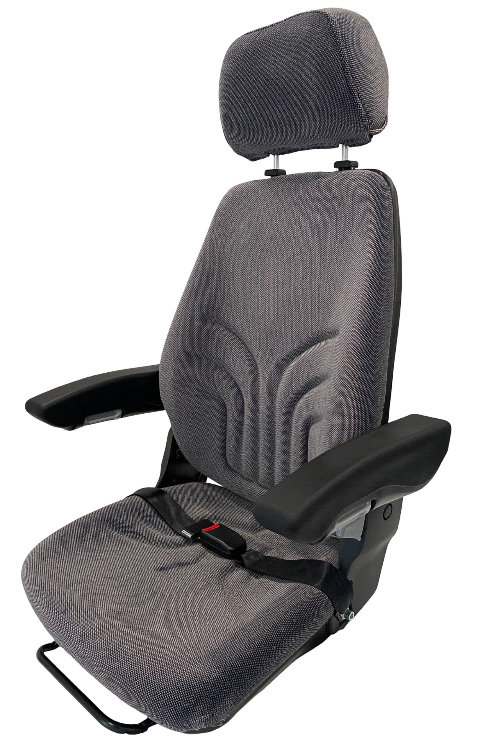Left side view of SW8UA grey check fabric machinery seat showing armrest, backrest adjustment and slide rail system. Grammer replacement seat.