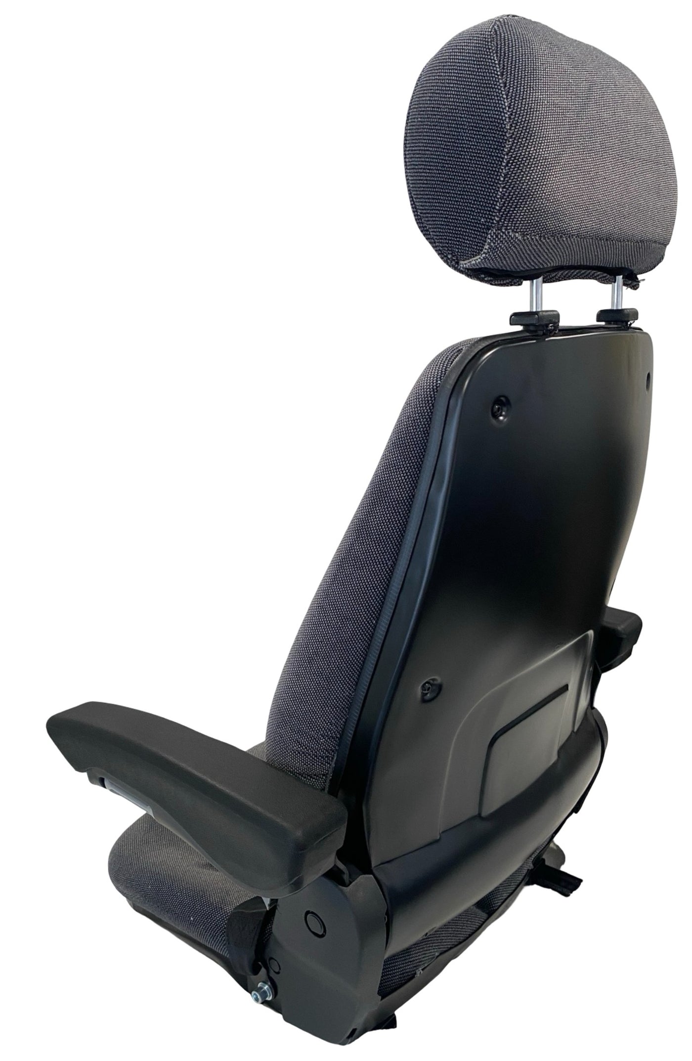 Rear view of SW8UA grey check fabric machinery seat showing seat back, headrest and durable upholstery. Ideal replacement for OEM seats.