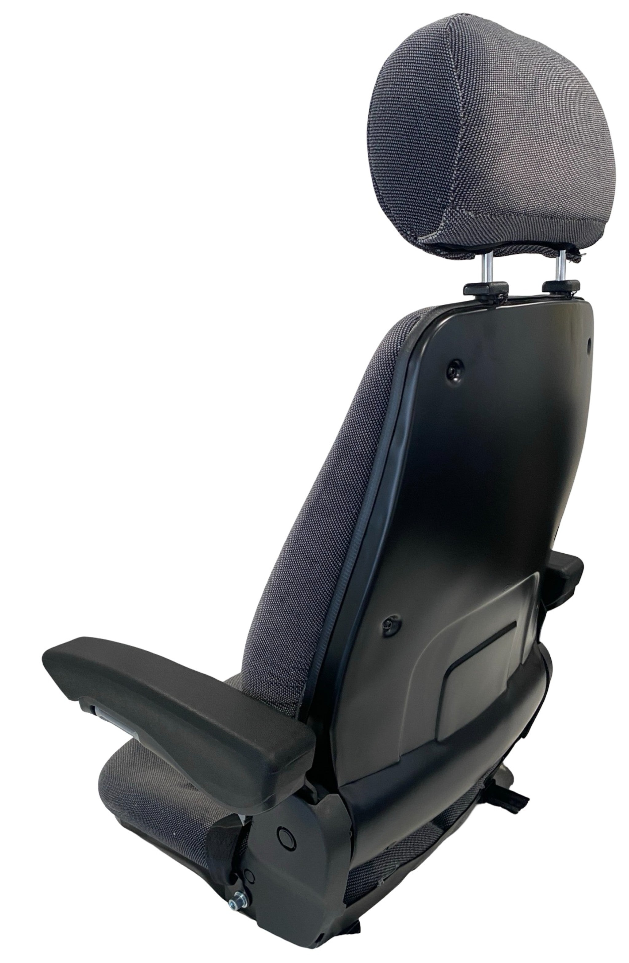 Rear view of SW8UA grey check fabric machinery seat showing seat back, headrest and durable upholstery. Ideal replacement for OEM seats.
