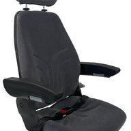 Right side view of SW8UA grey check fabric machinery seat with integrated armrest and low-profile design.