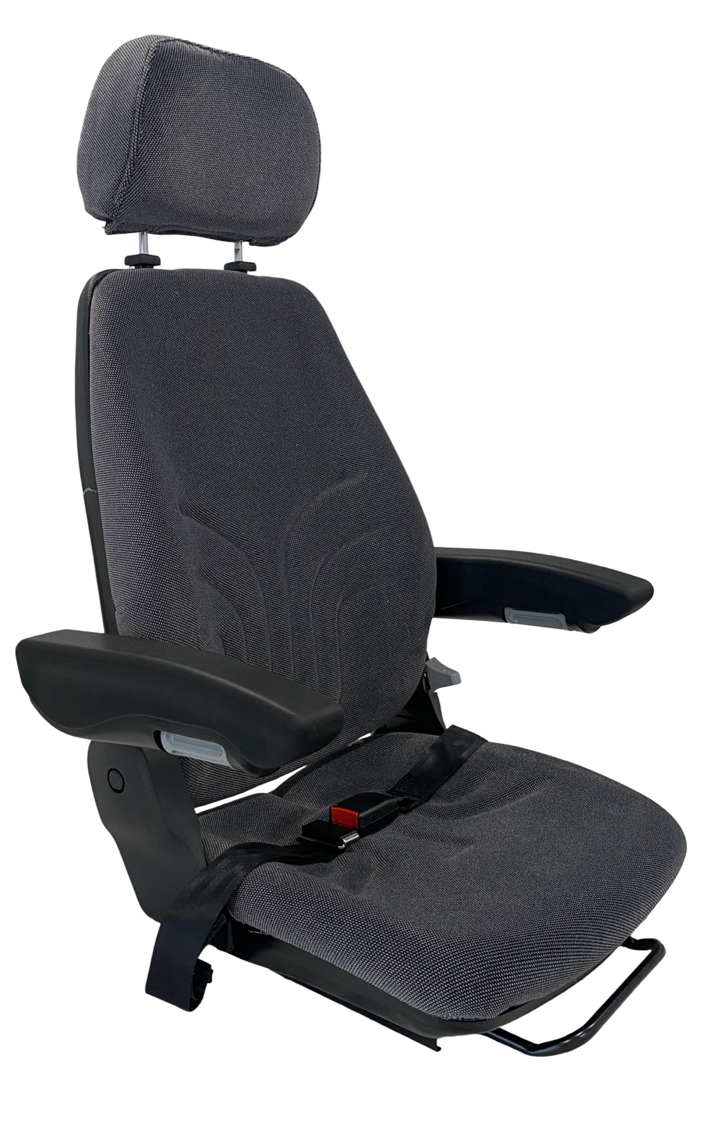 Right side view of SW8UA grey check fabric machinery seat with integrated armrest and low-profile design.