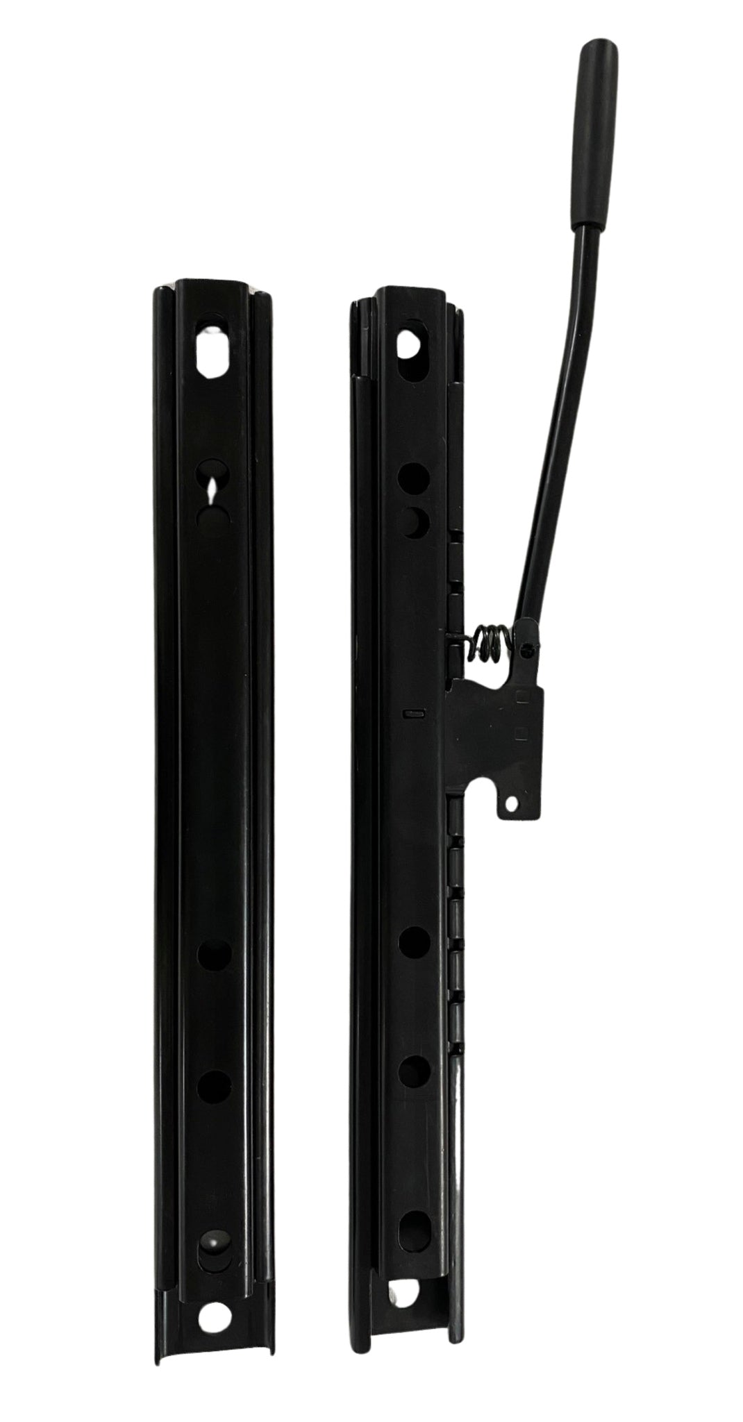 Top view of single-side locking slide rails showing durable off-road design with multiple mounting holes and 135mm seat adjustment range.