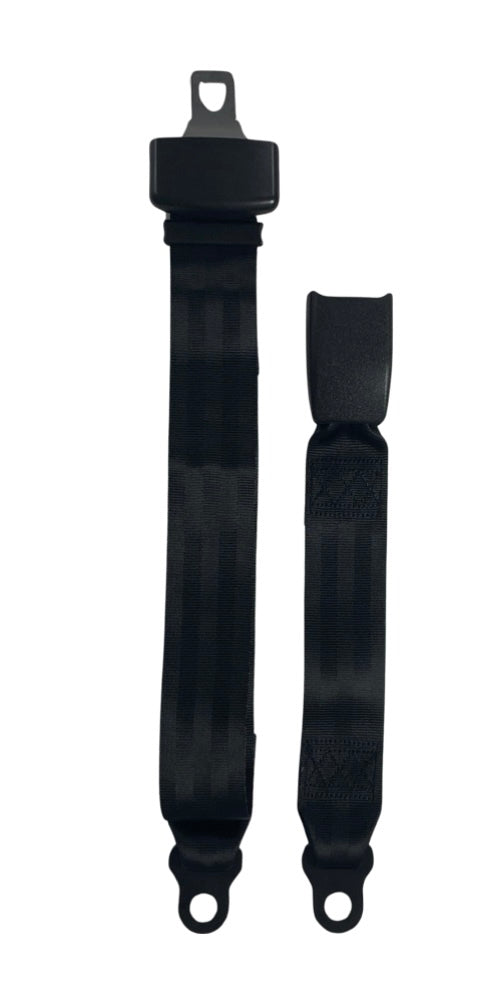 Front top view of TS2 2-inch non-retractable lap seatbelt with push button release, designed for secure operator restraint in machinery applications