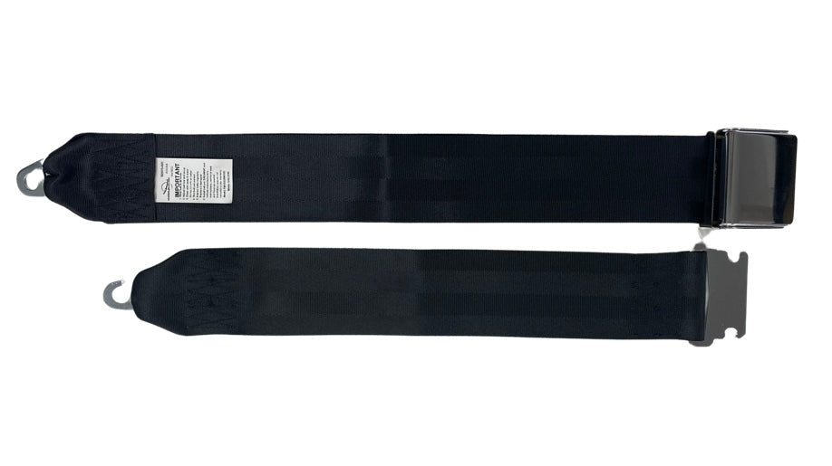 Front top view of TS3 3-inch non-retractable lap seatbelt with lever action release and heavy-duty black webbing for secure operator restraint in off-road machinery