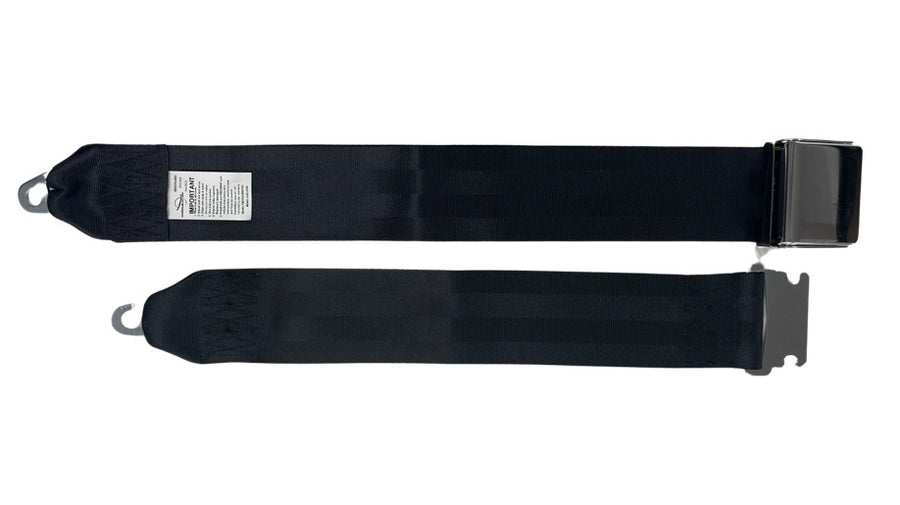 Front top view of TS3 3-inch non-retractable lap seatbelt with lever action release and heavy-duty black webbing for secure operator restraint in off-road machinery