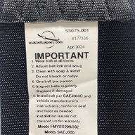 View of 3-inch non-retractable lap seatbelt label showing it is certified for Off-Road Use – Compliant with FMVSS No. 209/302 and SAE No. J386 safety standards.