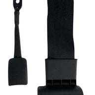 Front view of 3-inch retractable lap seatbelt with push button release and heavy-duty black webbing for secure operator restraint in off-road machinery.