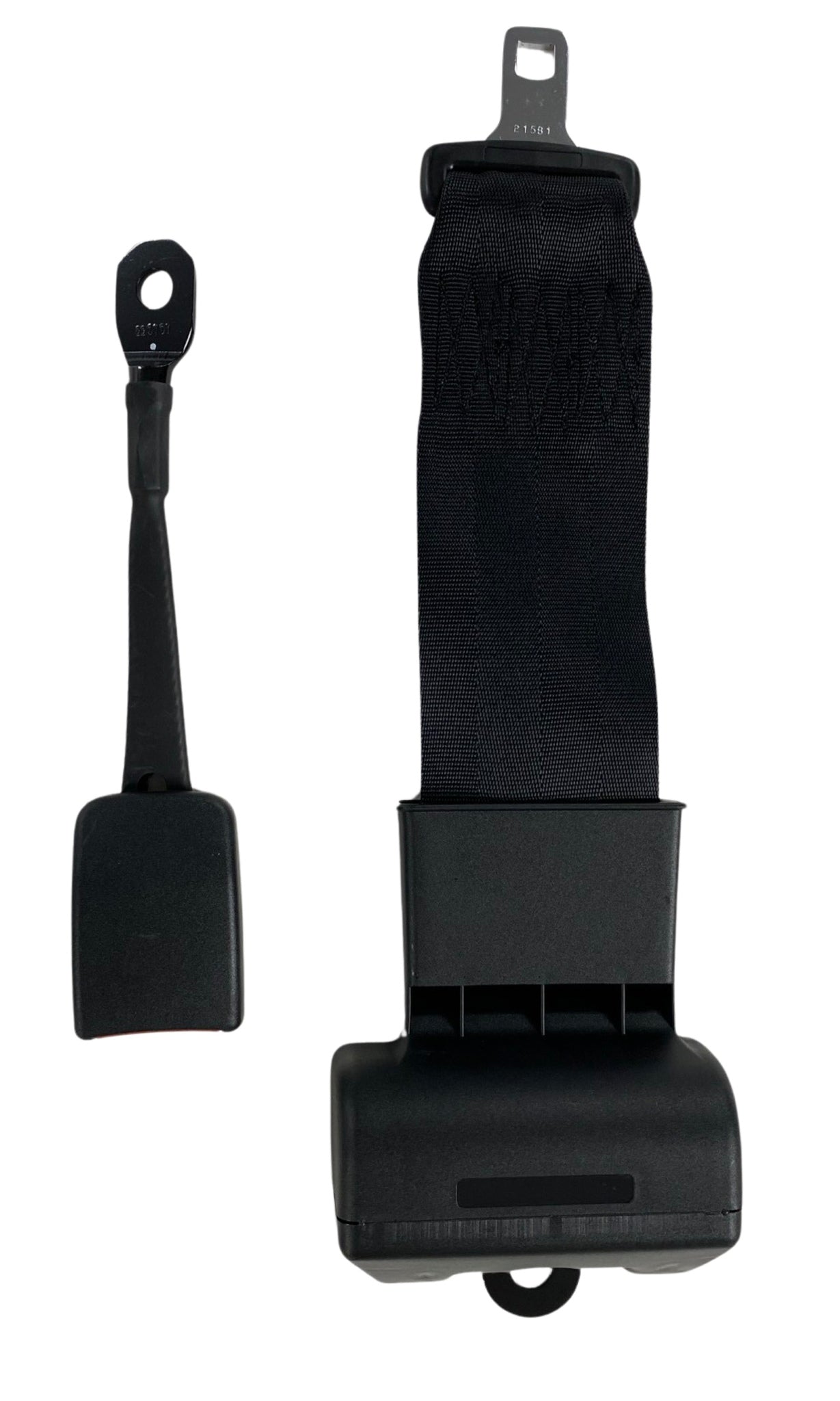 Front view of 3-inch retractable lap seatbelt with push button release and heavy-duty black webbing for secure operator restraint in off-road machinery.