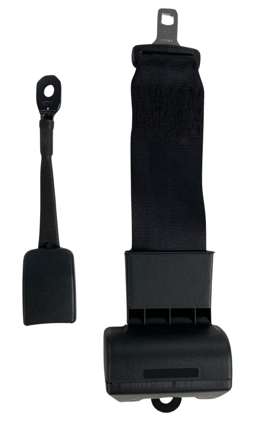Front view of 3-inch retractable lap seatbelt with push button release and heavy-duty black webbing for secure operator restraint in off-road machinery.