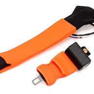 Patented EASI-GRIP restraint system with 75mm retractable lap belt, orange safety webbing, molded hand grip and 465mm long buckle for industrial machinery.