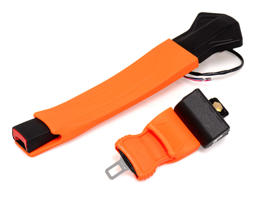 Patented EASI-GRIP restraint system with 75mm retractable lap belt, orange safety webbing, molded hand grip and 465mm long buckle for industrial machinery.