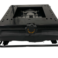 Front view of low-profile mechanical suspension seat base with double locking slide rails – ideal for lawn tractors, mowers, and compact machinery