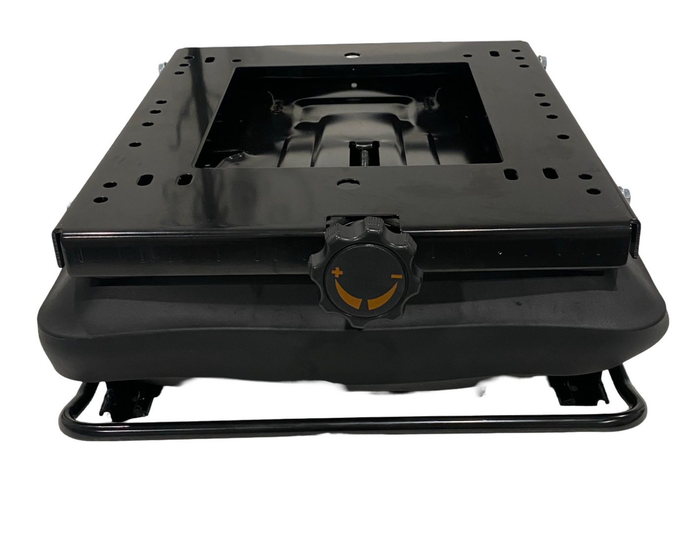 Front view of low-profile mechanical suspension seat base with double locking slide rails – ideal for lawn tractors, mowers, and compact machinery