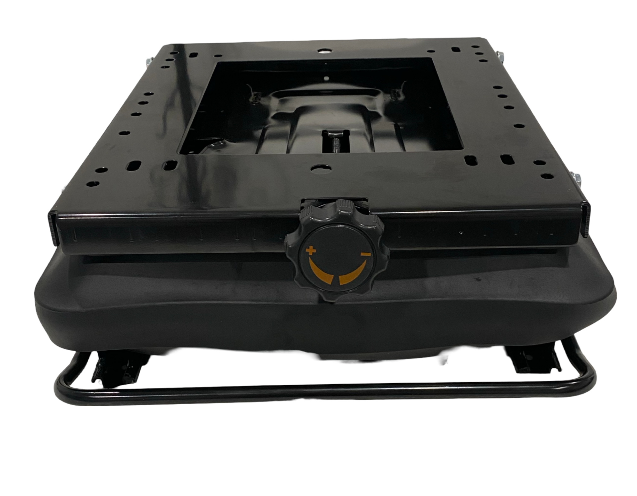 Front view of low-profile mechanical suspension seat base with double locking slide rails – ideal for lawn tractors, mowers, and compact machinery