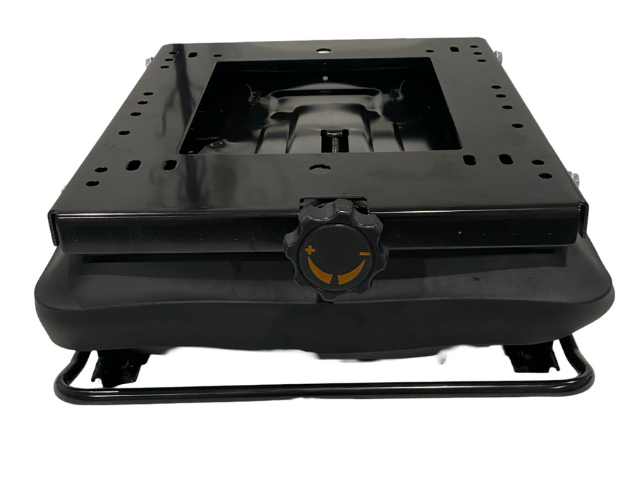 Front view of low-profile mechanical suspension seat base with double locking slide rails – ideal for lawn tractors, mowers, and compact machinery