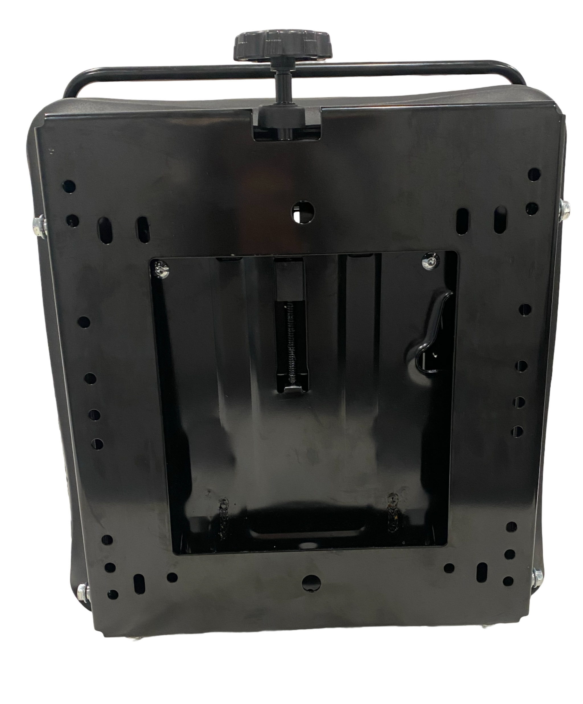 Top view of suspension seat base with removable mounting plate and multiple hole patterns for flexible seat installation