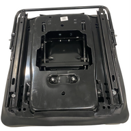 Rear view of underside of mechanical suspension seat base with double locking slide rails and reinforced frame for off-road machinery