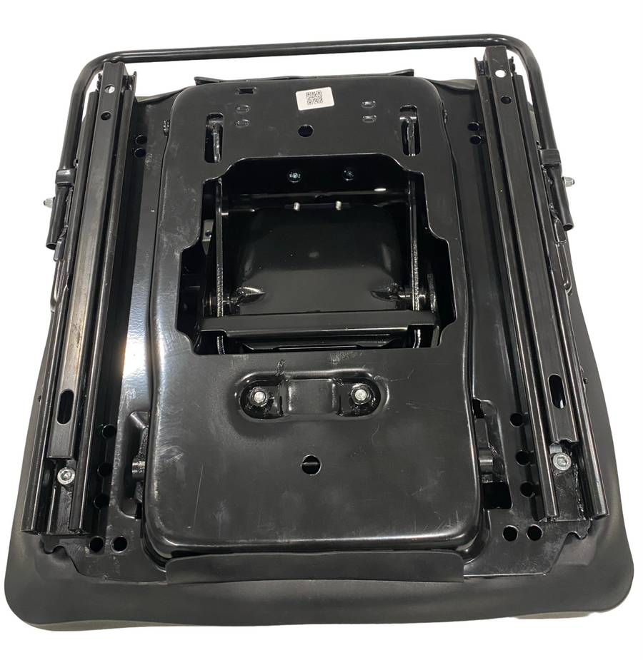 Rear view of underside of mechanical suspension seat base with double locking slide rails and reinforced frame for off-road machinery