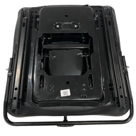 Underside view of low-profile mechanical suspension seat base showing robust construction and slide rail system