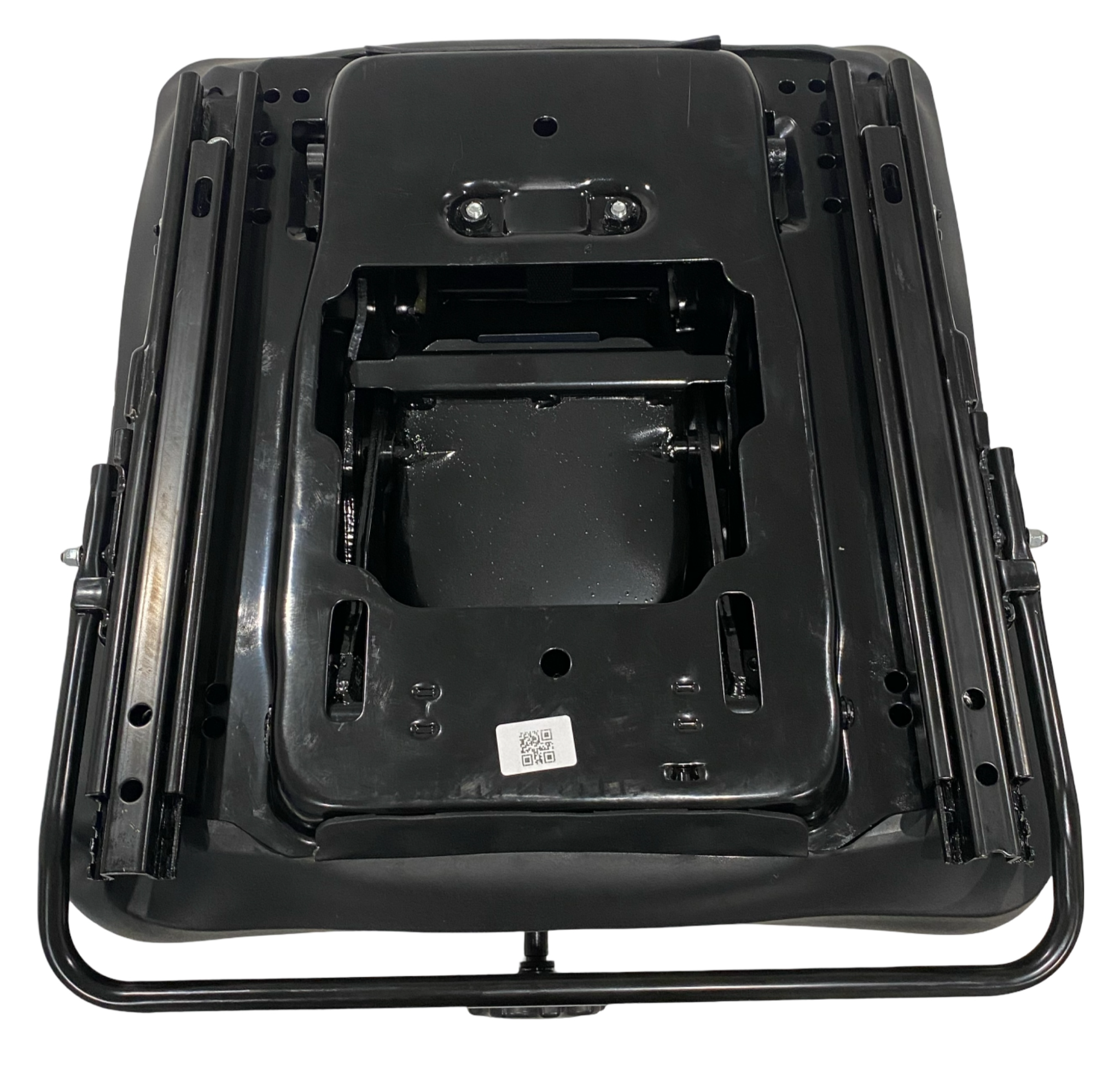 Underside view of low-profile mechanical suspension seat base showing robust construction and slide rail system