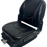 Left side profile of universal mechanical suspension seat in waterproof black PU vinyl – durable design with operator switch and seatbelt compatibility