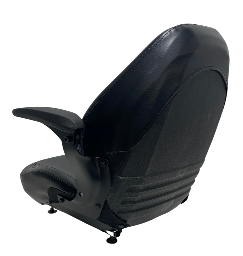 Rear view of non-suspension mower and machinery seat with molded frame and black water-resistant vinyl – seatbelt compatible for added safety