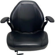 Front view of non-suspension replacement seat with armrests and black water-resistant vinyl – ideal for zero-turn mowers and small machinery