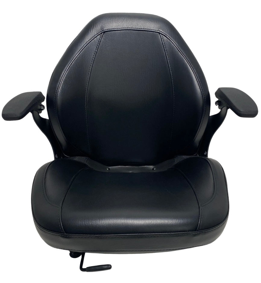 Front view of non-suspension replacement seat with armrests and black water-resistant vinyl – ideal for zero-turn mowers and small machinery