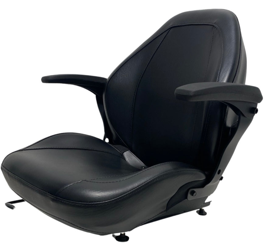 Left side profile of direct replacement mower seat in black sewn vinyl with armrests – durable design with operator switch compatibility