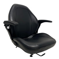 Right side profile of non-suspension seat with molded frame and armrests – built for ride-on mowers, agricultural and construction machinery
