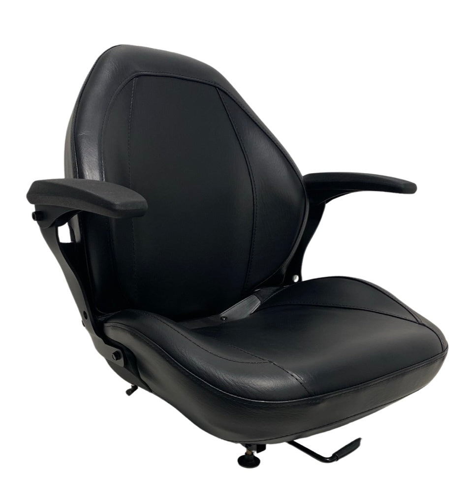 Right side profile of non-suspension seat with molded frame and armrests – built for ride-on mowers, agricultural and construction machinery