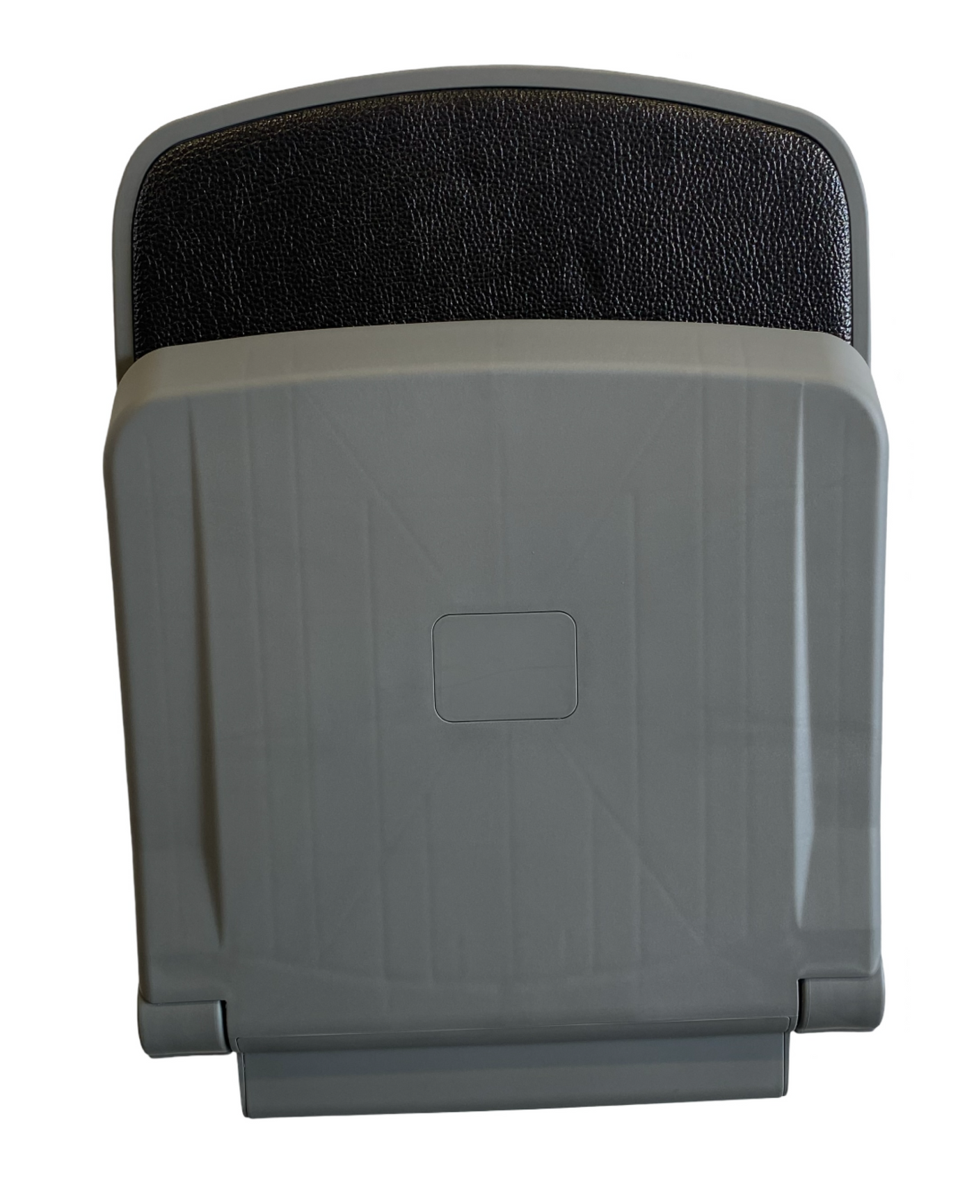Side view of plastic flip-up seat in folded position – space-saving  design, durable ABS plastic with gas strut support for boats, machinery, and public transport