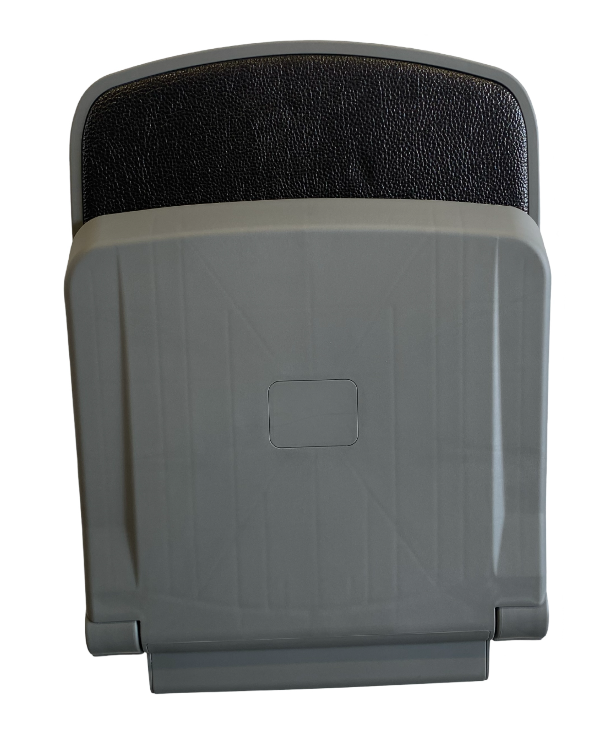 Side view of plastic flip-up seat in folded position – space-saving  design, durable ABS plastic with gas strut support for boats, machinery, and public transport